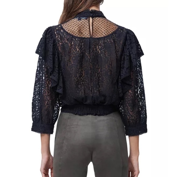 French Connection Inna Lace Ruffled Top Black Sheer Polka Dot Size S Whimsigoth - Picture 2 of 7